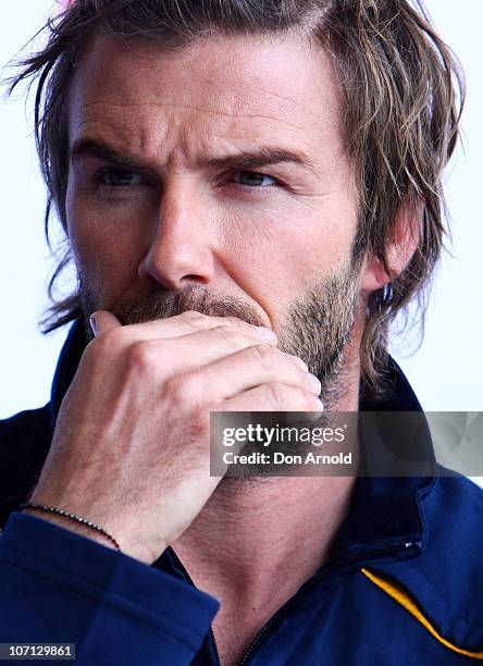 David Beckham answers questions from the media during a press conference upon arrival at Sydney International Airport on November 25, 2010 in Sydney,...