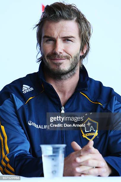 David Beckham answers questions from the media during a press conference upon arrival at Sydney International Airport on November 25, 2010 in Sydney,...