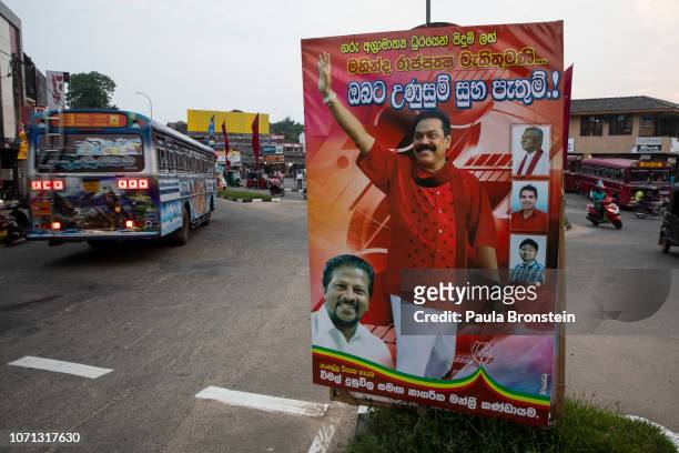 Giant posters of acting Prime minister Mahinda Rajapaksa are seen in his home town on November 14, 2018 in Tangalle, Sri Lanka. As the political...