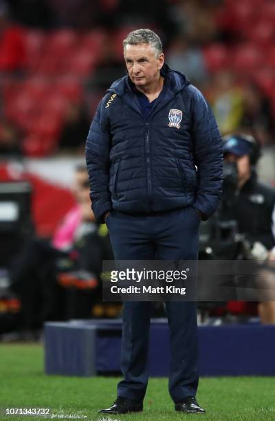 Jets head coach Ernie Merrick looks on during the round five A-League match between the Western Sydney Wanderers and the Newcastle Jets at Spotless...