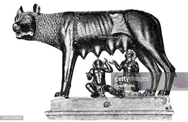 ilustrações, clipart, desenhos animados e ícones de estátua: lobo alimentando rômulo e remo, os fundadores da roma antiga - 2018