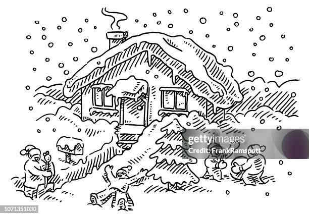 kids playing in the snow frontyard house drawing - winterdienst stock illustrations