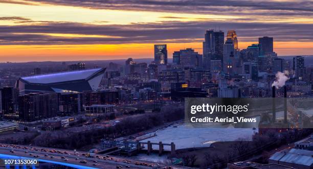 minneapolis skyline at sunset - minneapolis drone stock pictures, royalty-free photos & images