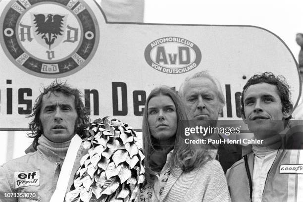 Jackie Stewart, Helen Stewart, Prince Metternich, Jacky Ickx, Grand Prix of Germany, Nurburgring, 05 August 1973. Jackie Stewart with his wife Helen...