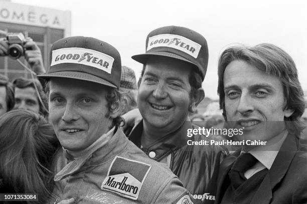 Niki Lauda, Luca di Montezemolo, Ed Alexander, Ferrari 312B3-74, Grand Prix of Spain, Circuito del Jarama, 28 April 1974. Niki Lauda after his first...