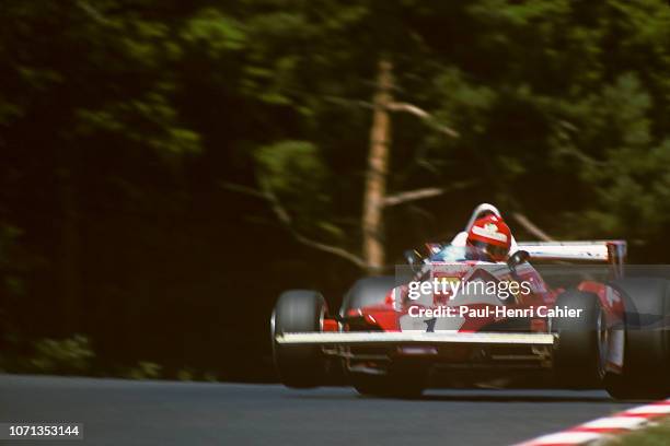 Niki Lauda, Ferrari 312T2, Grand Prix of Germany, Nurburgring, 01 August 1976. Niki Lauda in the air as his Ferrari passes over a bump during...