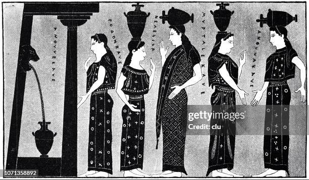 classical greek - women at the well, vase drawing - classical greek style stock illustrations