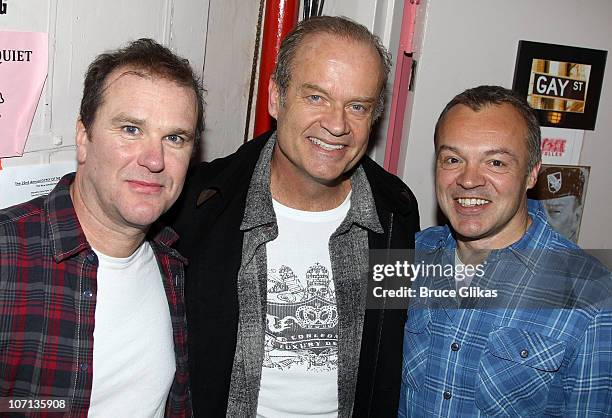 Douglas Hodge, Kelsey Grammer and Graham Norton pose backstage at "La Cage Aux Folles" on Broadway at The Longacre Theatre on November 24, 2010 in...
