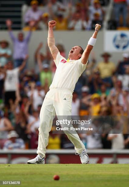 Peter Siddle of Australia celebrates after claiming a hat trick by dismissing Stuart Broad of England during day one of the First Ashes Test match...