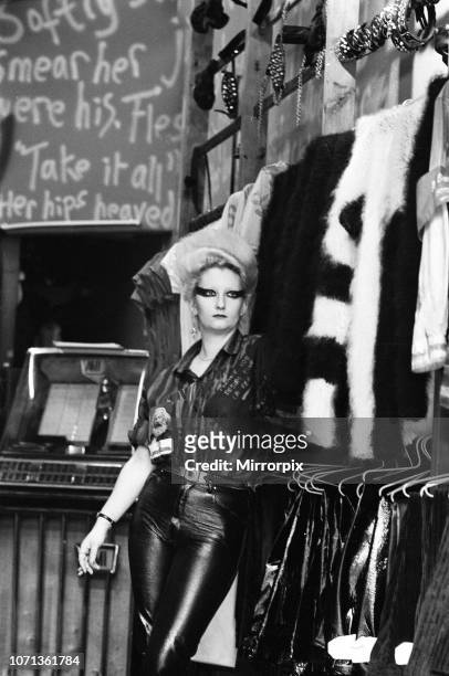 Queen of Punk Rockers, Pamela Rooke aka Jordan at 'Sex' shop on the Kings Road. December 1976.
