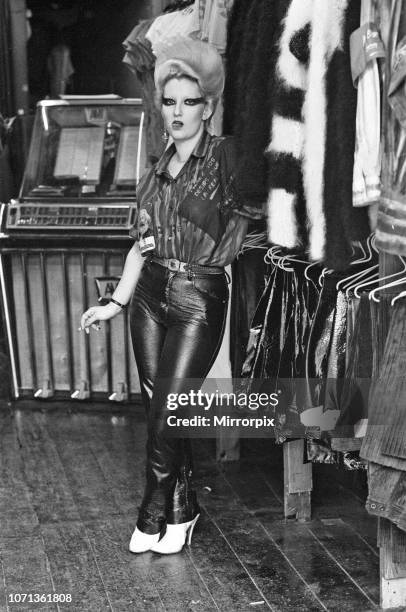 Queen of Punk Rockers, Pamela Rooke aka Jordan at 'Sex' shop on the Kings Road. December 1976.