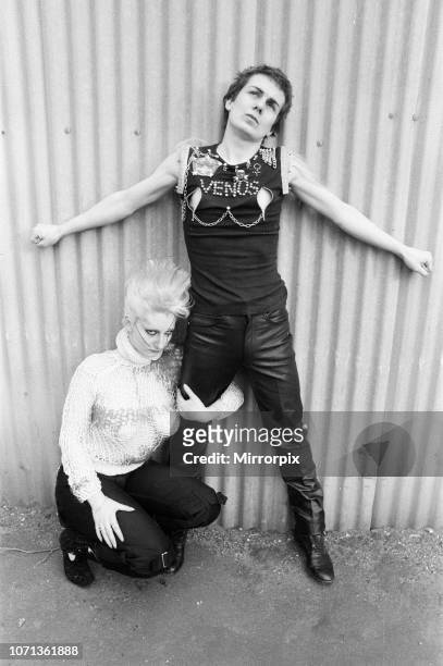 Pamela Rooke , aka Jordan, and Simon Barker, aka Six, modelling fashions from the Seditionaries boutique on King's Road, London, 18th May 1977....