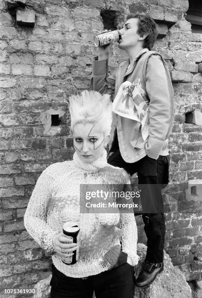 Pamela Rooke , aka Jordan, and Simon Barker, aka Six, modelling fashions from the Seditionaries boutique on King's Road, London, 18th May 1977....