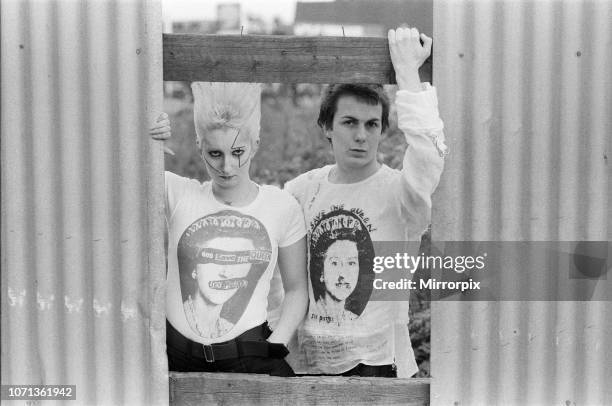 Clothing from the Seditionaries boutique on King's Road, London, 18th May 1977. Pamela Rooke , aka Jordan, and Simon Barker, aka Six, are modelling...