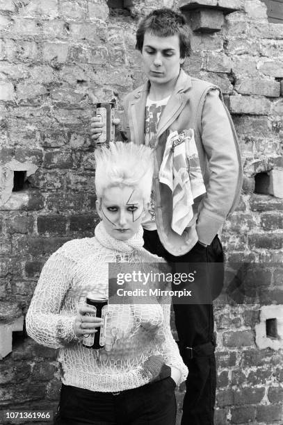 Pamela Rooke , aka Jordan, and Simon Barker, aka Six, modelling fashions from the Seditionaries boutique on King's Road, London, 18th May 1977....