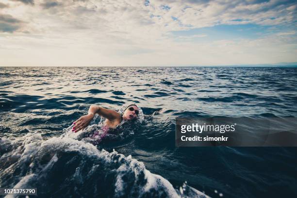 open water swimmer swimming in sea - dedication stock pictures, royalty-free photos & images