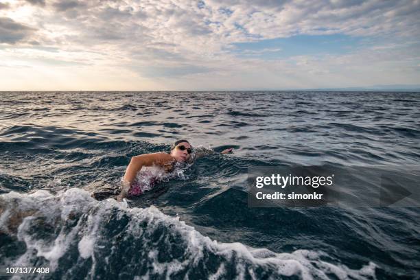 open water swimmer swimming in sea - open water swimming stock pictures, royalty-free photos & images