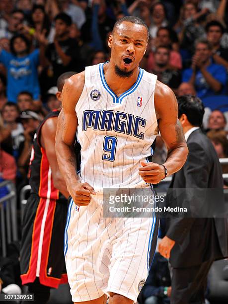Rashard Lewis of the Orlando Magic reacts after scoring a three point basket against the Miami Heat on November 24, 2010 at the Amway Center in...