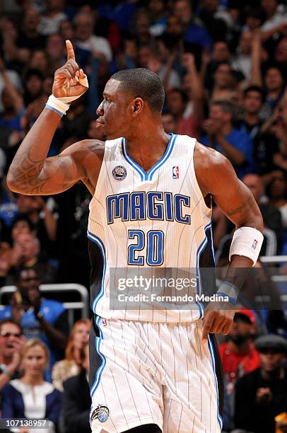 Mickael Pietrus of the Orlando Magic reacts after scoring a three point basket against the Miami Heat on November 24, 2010 at the Amway Center in...