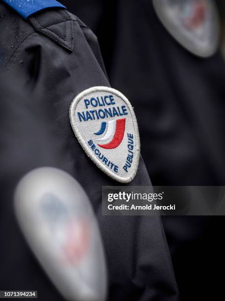 Detail of a French police badge during a ceremony marking the end of the school year at the Ecole Nationale de Police on November 23, 2018 in Nimes,...