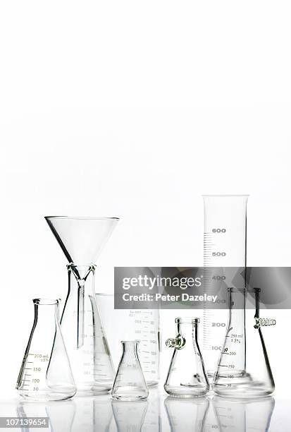 scientific equipment with copy space - glaskolben stock-fotos und bilder