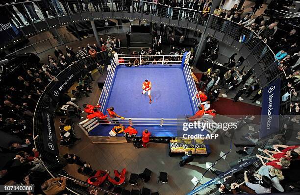 Ukraine's boxer Vladimir Klitschko boxes during a press training on March 17, 2010 in Duesseldorf, ahead of his IBF, WBO and IBO heavyweight world...
