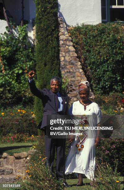 February 1990: Nelson Mandela and wife Winnie Madikizela-Mandela at Bishop's Court one day after Nelson Mandela's release from prison. 12 February...