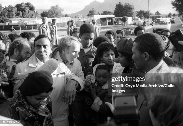 Winnie Madikizela-Mandela and family visiting husband Nelson Mandela at Victor Verster prison. Dullah Omar left in light coat.