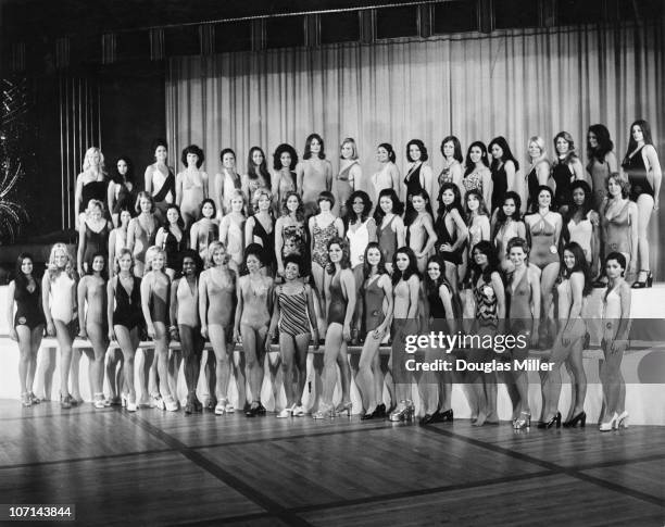 The line up for the Miss World Competition, London, 19th November 1973. Front row, Left to right: Africa South, Argentina, Aruba, Australia, Austria,...