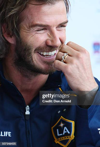 David Beckham answers questions from the media during a press conference upon arrival at Sydney International Airport on November 25, 2010 in Sydney,...