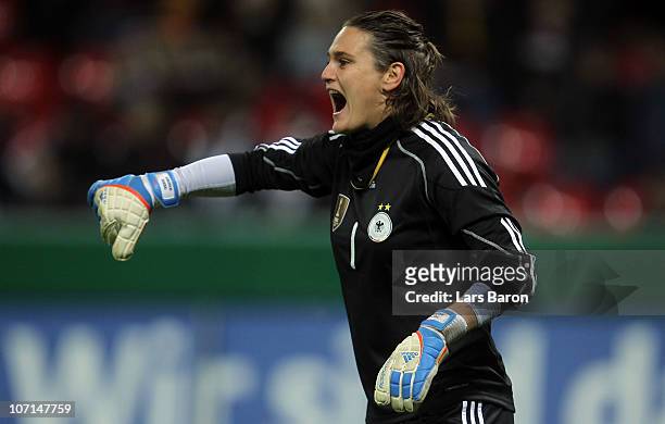 Goalkeeper Nadine Angerer of Germany reacts during the women's international friendly match between Germnay and Nigeria at BayArena on November 25,...