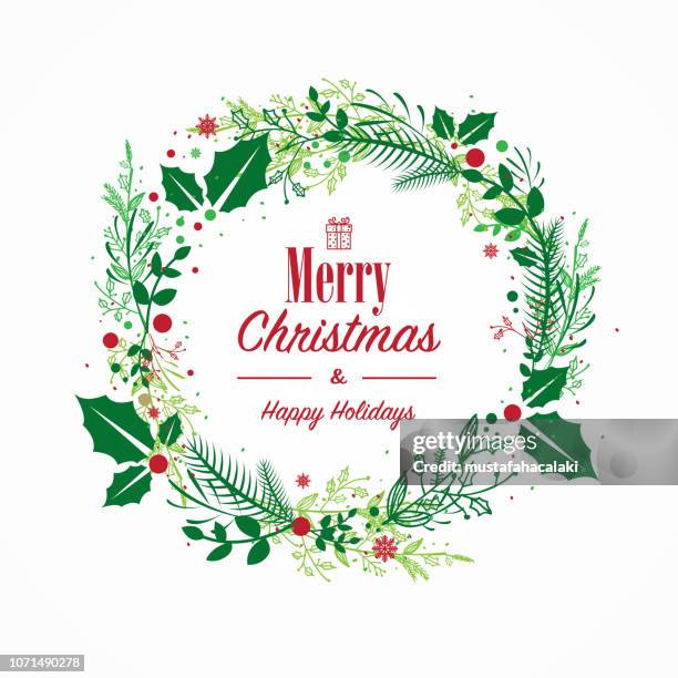 grüne und rote hand gezeichnete weihnachtskranz - christmas wreath stock-grafiken, -clipart, -cartoons und -symbole