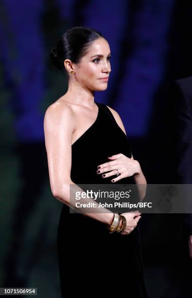 Meghan, Duchess of Sussex on stage during The Fashion Awards 2018 In Partnership With Swarovski at Royal Albert Hall on December 10, 2018 in London,...