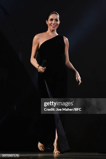 Meghan, Duchess of Sussex on stage during The Fashion Awards 2018 In Partnership With Swarovski at Royal Albert Hall on December 10, 2018 in London,...