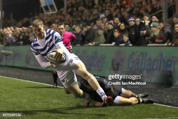 Ruaridh McConnochie of Bath Rugby scores a try during the Gallagher Premiership Rugby match between Newcastle Falcons and Bath Rugby at Kingston Park...