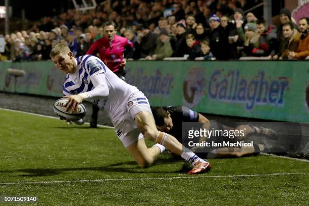 Ruaridh McConnochie of Bath Rugby scores a try during the Gallagher Premiership Rugby match between Newcastle Falcons and Bath Rugby at Kingston Park...