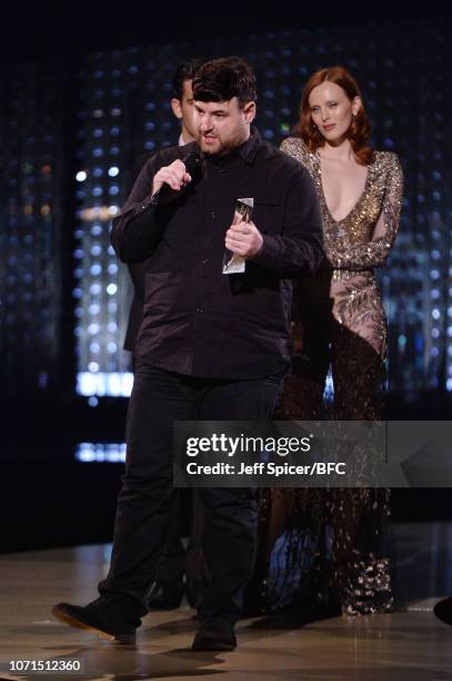 Matthew Healy and Karen Elson present Richard Quinn with British Emerging Talent Womenswear award during The Fashion Awards 2018 In Partnership With...