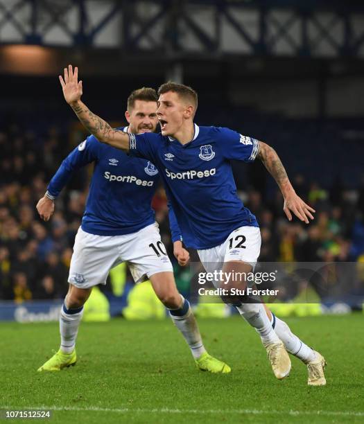 Everton player Lucas Digne celebrates his goal to earn Everton a draw during the Premier League match between Everton FC and Watford FC at Goodison...