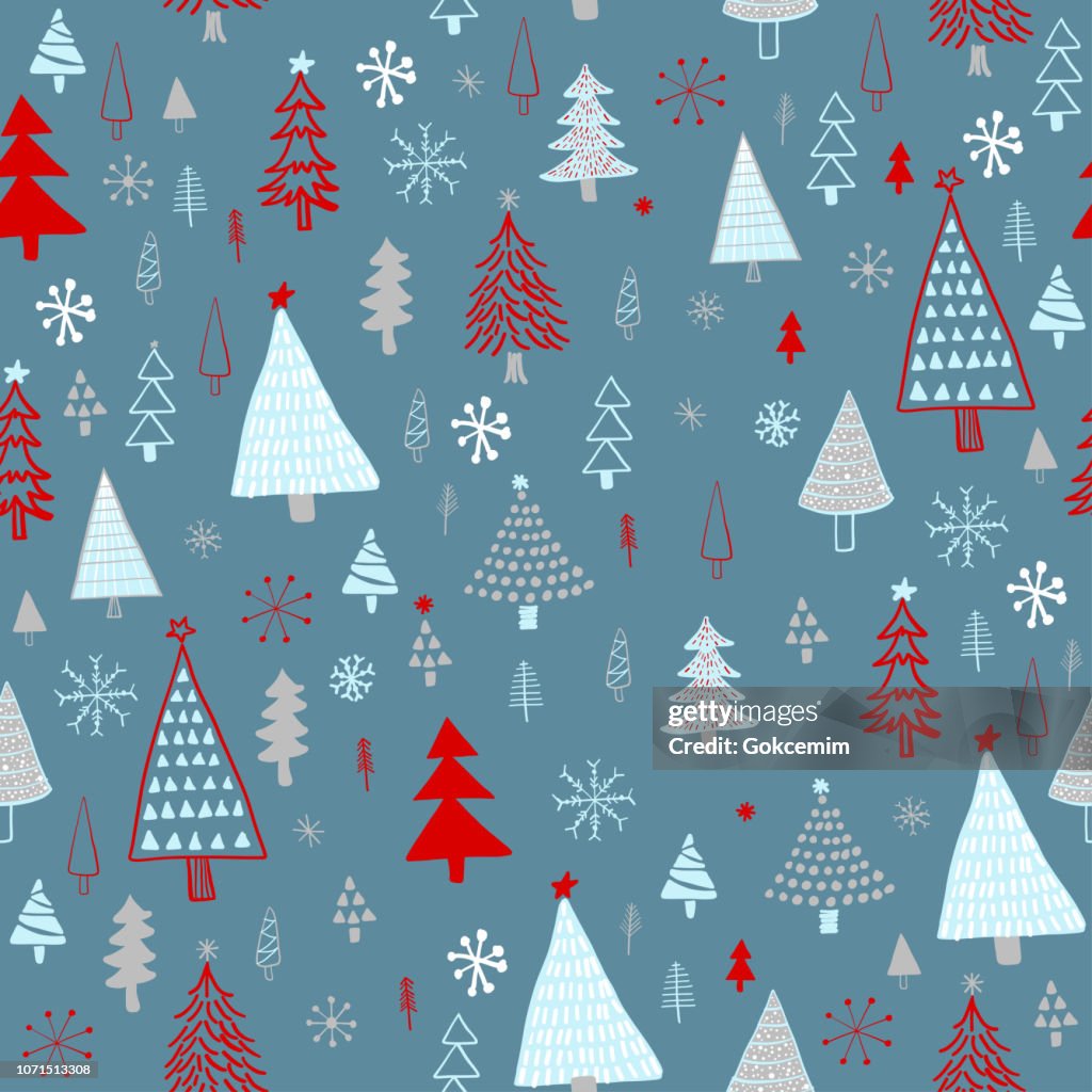 Handgezeichnete Weihnachtsferien/Bäume Muster. Blau, grau, rot Weihnachtsbäume, nahtlose Muster. Wald-Hintergrund. Kindisch Textur, Stoff, Textil.