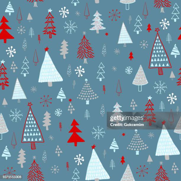 hand drawn christmas/holiday trees pattern. blue, gray, red christmas trees, seamless pattern. forest background. childish texture for fabric, textile. - christmas wrapping paper stock illustrations