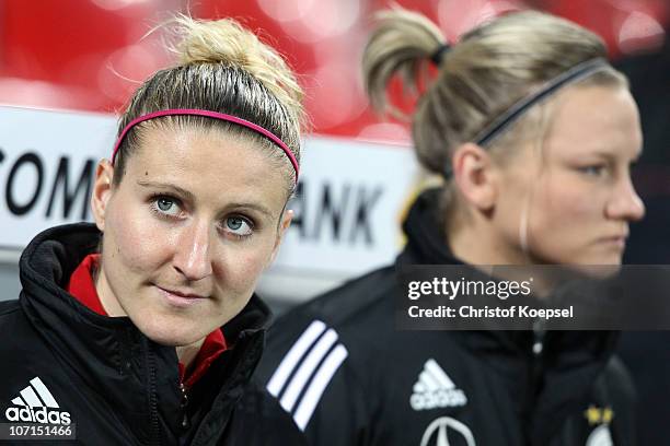 Anja Mittag of Germany looks on during the women's international friendly match between Germany and Nigeria at BayArena on November 25, 2010 in...