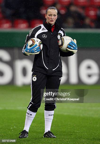 Almuth Schult of Germany looks on during the women's international friendly match between Germany and Nigeria at BayArena on November 25, 2010 in...