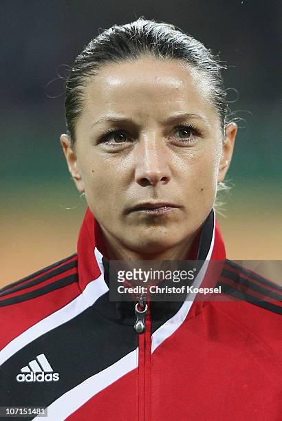 Inka Grings of Germany look on before the women's international friendly match between Germany and Nigeria at BayArena on November 25, 2010 in...
