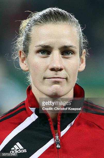 Simone Laudehr of Germany looks on before the women's international friendly match between Germany and Nigeria at BayArena on November 25, 2010 in...
