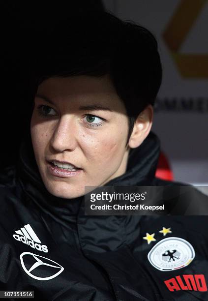 Linda Bresonik of Germany sits on the bench during the women's international friendly match between Germany and Nigeria at BayArena on November 25,...