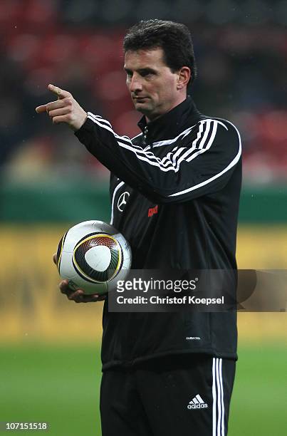 Goalkeeper coach Michael Fuchs of Germany issues instructions during the women's international friendly match between Germany and Nigeria at BayArena...