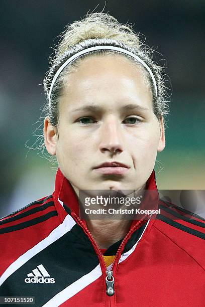 Babett Peter of Germany looks on before the women's international friendly match between Germany and Nigeria at BayArena on November 25, 2010 in...