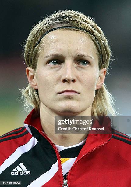 Saskia Bartusiak of Germany looks on before the women's international friendly match between Germany and Nigeria at BayArena on November 25, 2010 in...