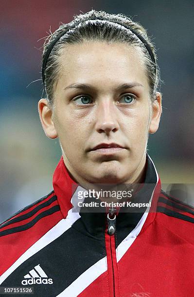 Lena Goessling of Germany looks on before the women's international friendly match between Germany and Nigeria at BayArena on November 25, 2010 in...