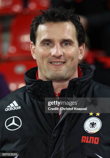 Goalkeeper coach Michael Fuchs of Germany looks on during the women's international friendly match between Germany and Nigeria at BayArena on...